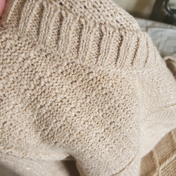 𝅺Style & CO. Large cable knit zipper metallic shimmer gold beige sweater Size L - Picture 7 of 9